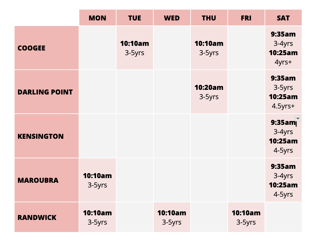 Dance studio timetable for dancers 3yrs, 4yrs and 5yrs in Sydney Easter Suburbs